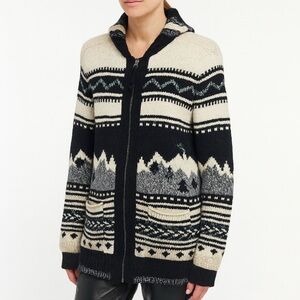 American Eagle Sweater Alpine Front Zip Shacket Relaxed Black Cream Green XS